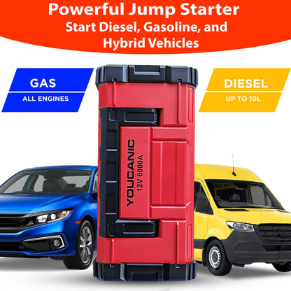 YOUCANIC Pro 6000A Jump Starter - Powerful Car/Motorcycle Battery Booster, Power Bank, & Smart Safety Features