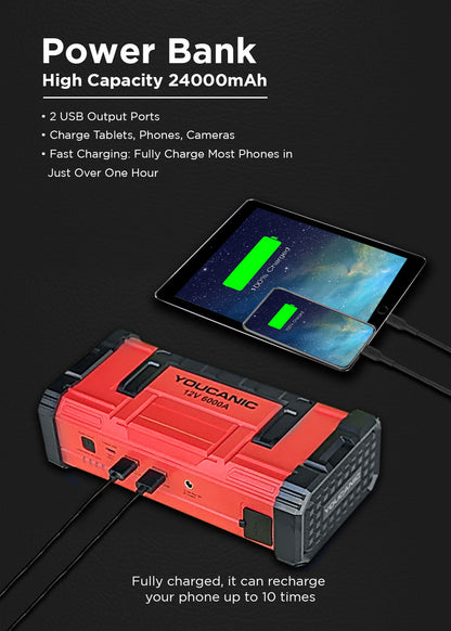 YOUCANIC Pro 6000A Jump Starter - Powerful Car/Motorcycle Battery Booster, Power Bank, & Smart Safety Features